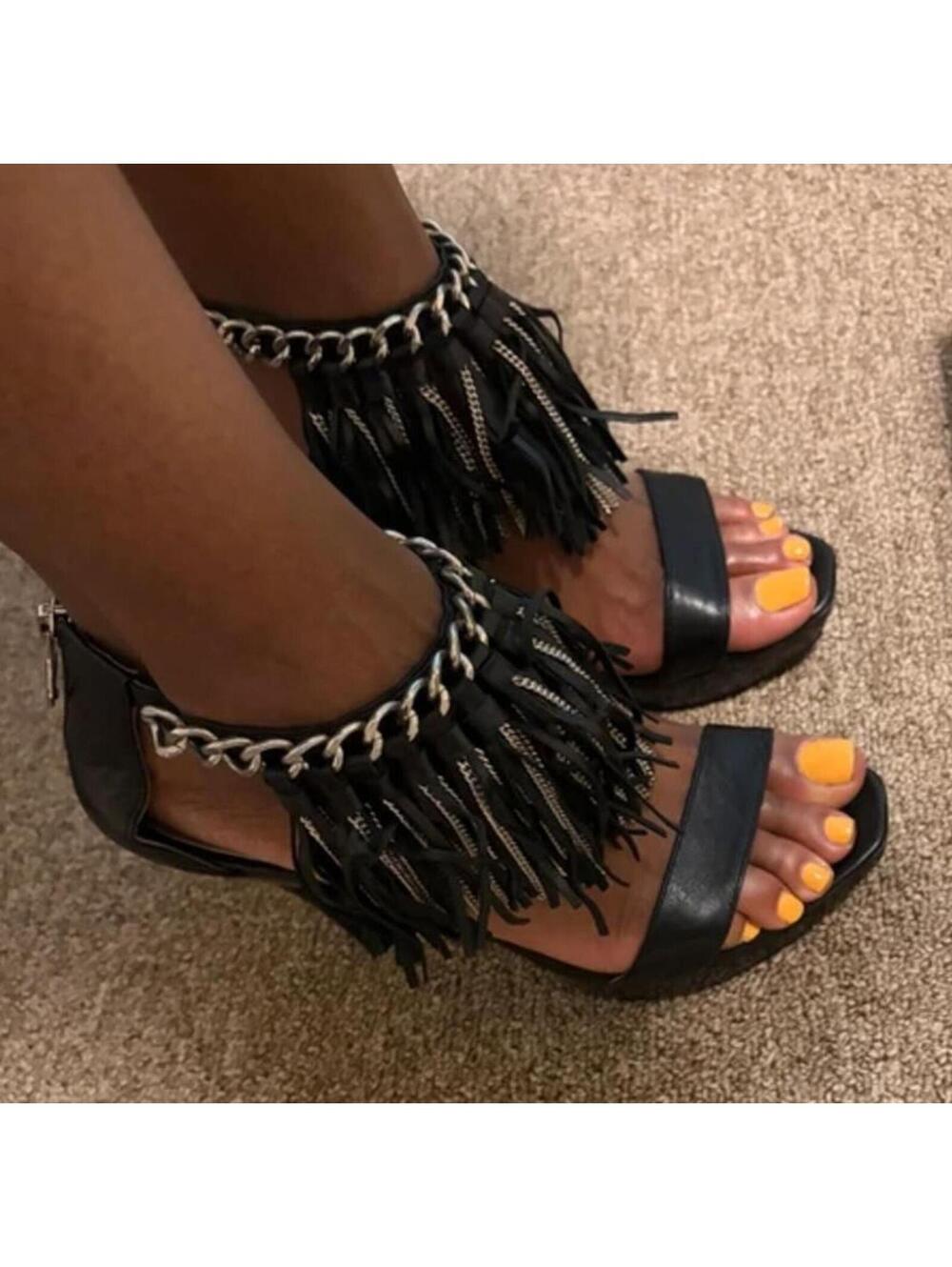 Michael Kors Vienna Ankle Black Leather Fringe Platform Heels Sandals 10M